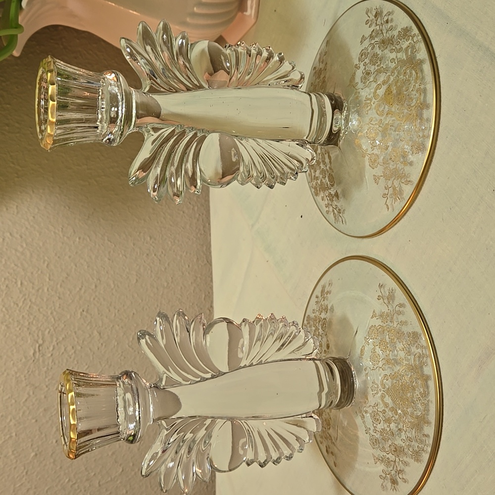 Vintage Glastonbury-Lotus Rose Bud Gold Encrusted Floral Etched Candle Holders.